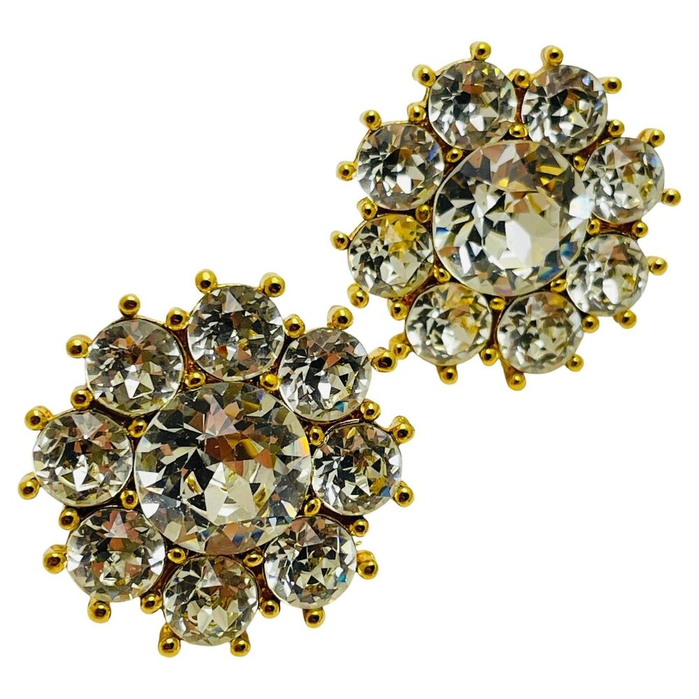 Vintage NAPIER signed gold tone clear rhinestone designer clip on earrings